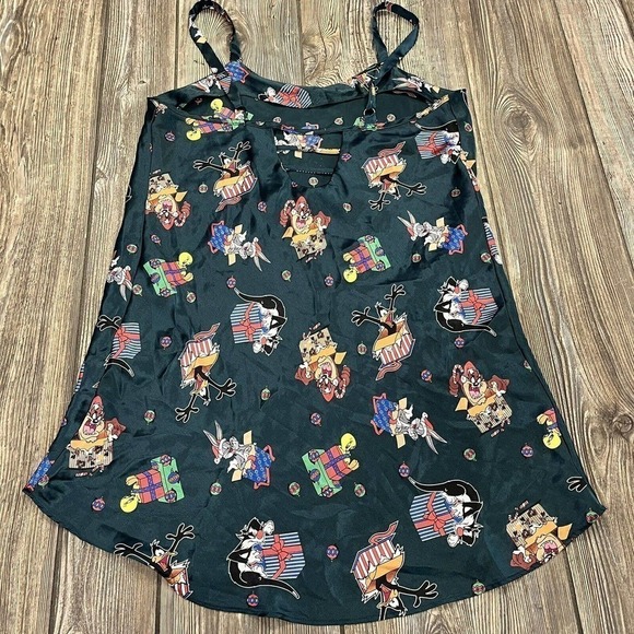 LOONEY Tunes Christmas Nightgown Vintage Medium Slip Chemise Pajamas Green - Picture 2 of 8